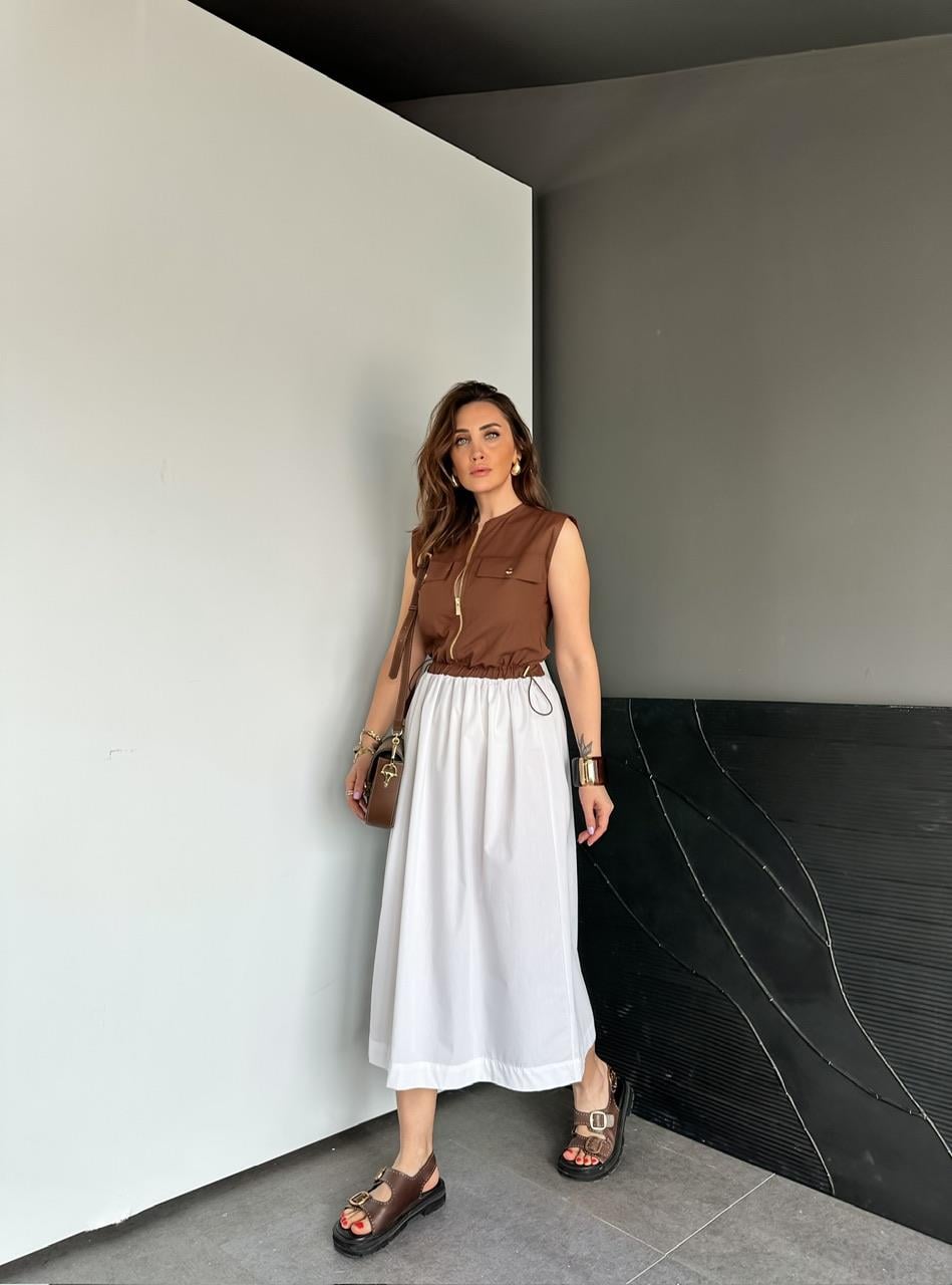 Kahve Beli İpli Cepli Poplin Elbise