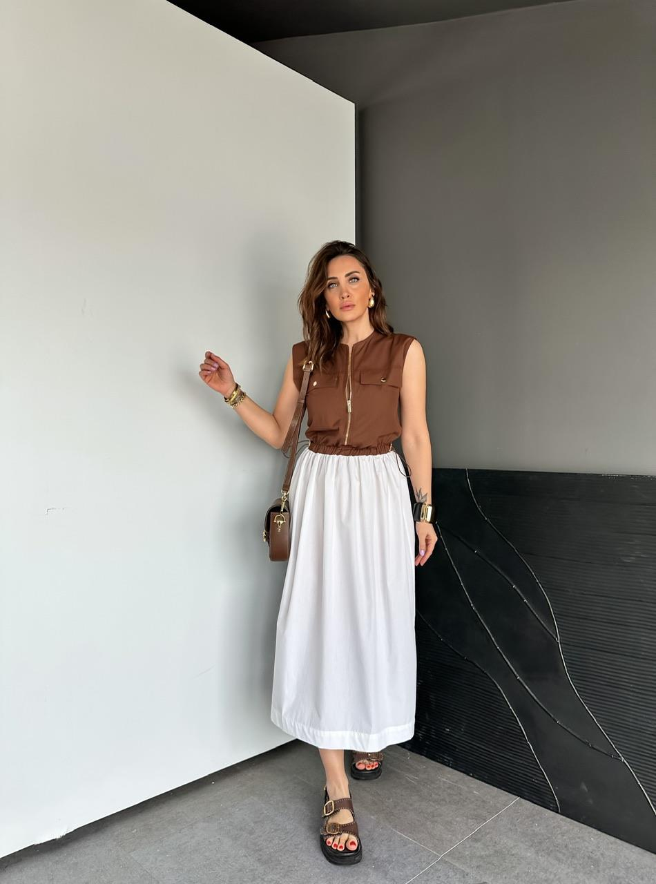 Kahve Beli İpli Cepli Poplin Elbise