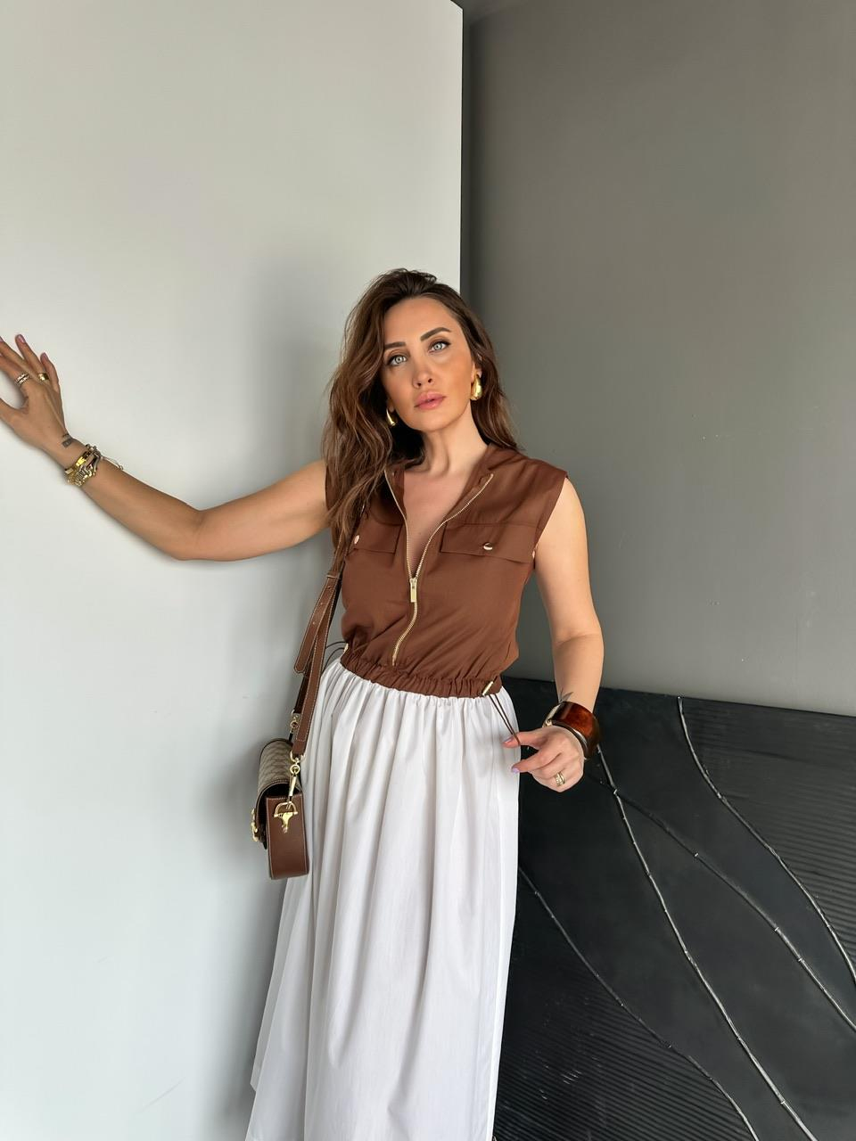 Kahve Beli İpli Cepli Poplin Elbise