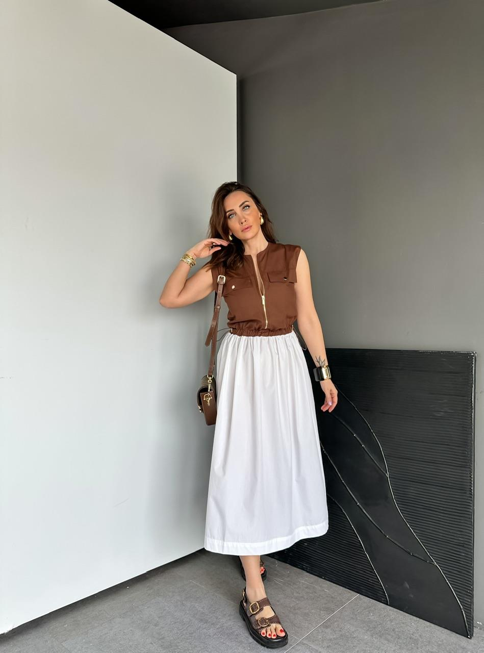 Kahve Beli İpli Cepli Poplin Elbise