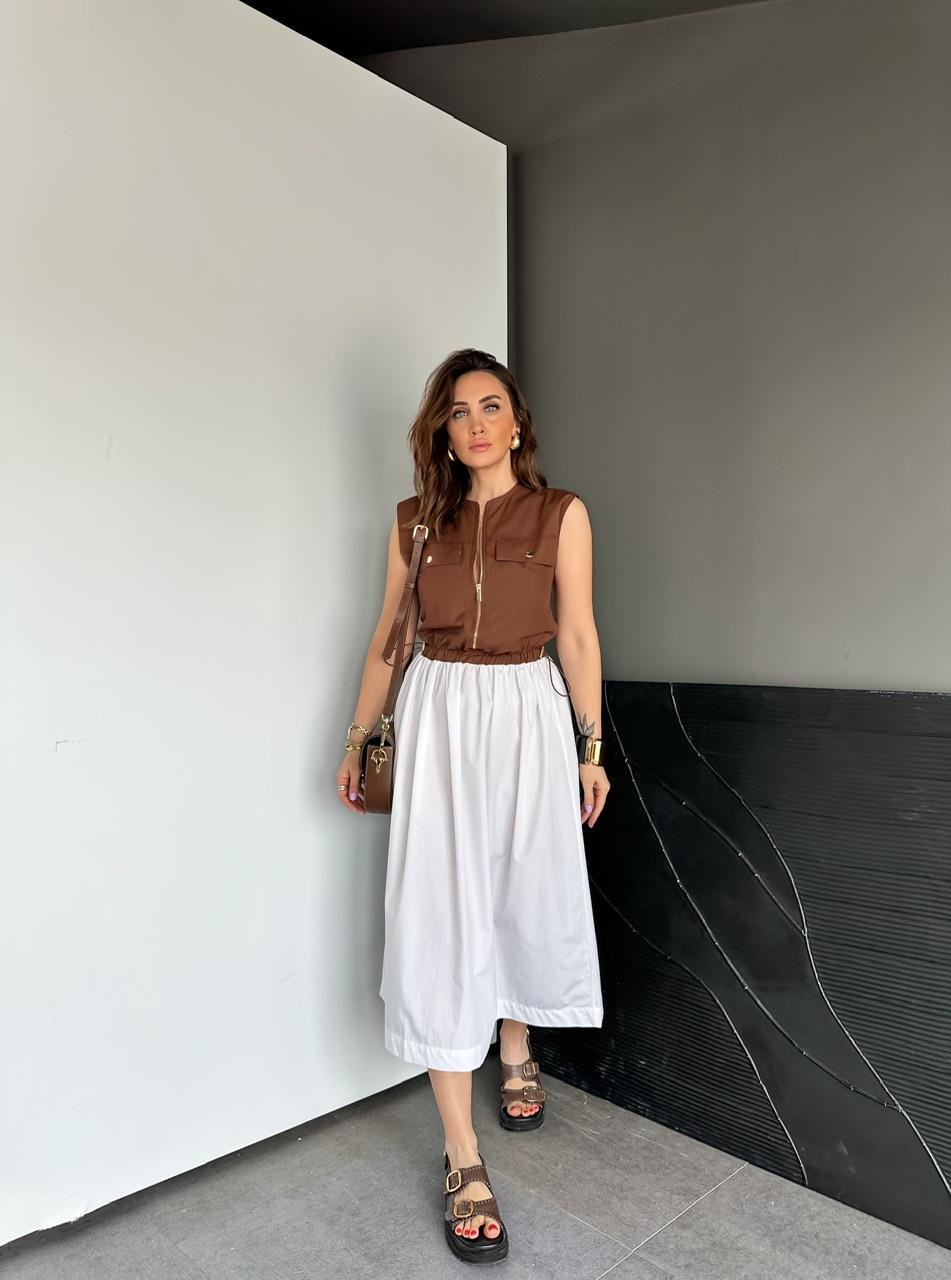 Kahve Beli İpli Cepli Poplin Elbise