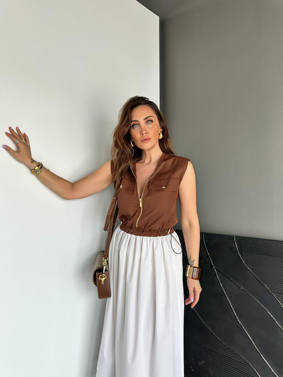 Kahve Beli İpli Cepli Poplin Elbise
