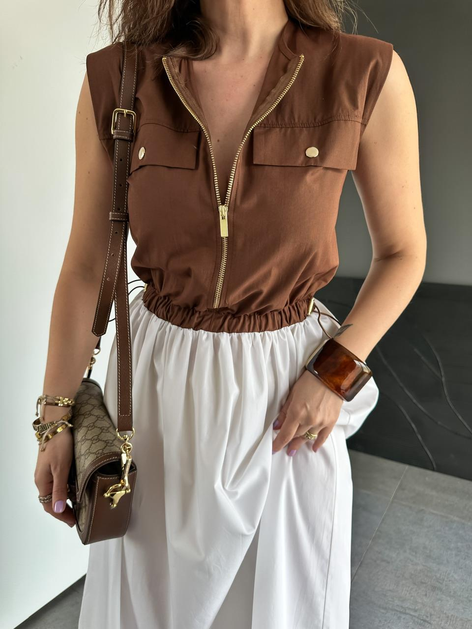 Kahve Beli İpli Cepli Poplin Elbise