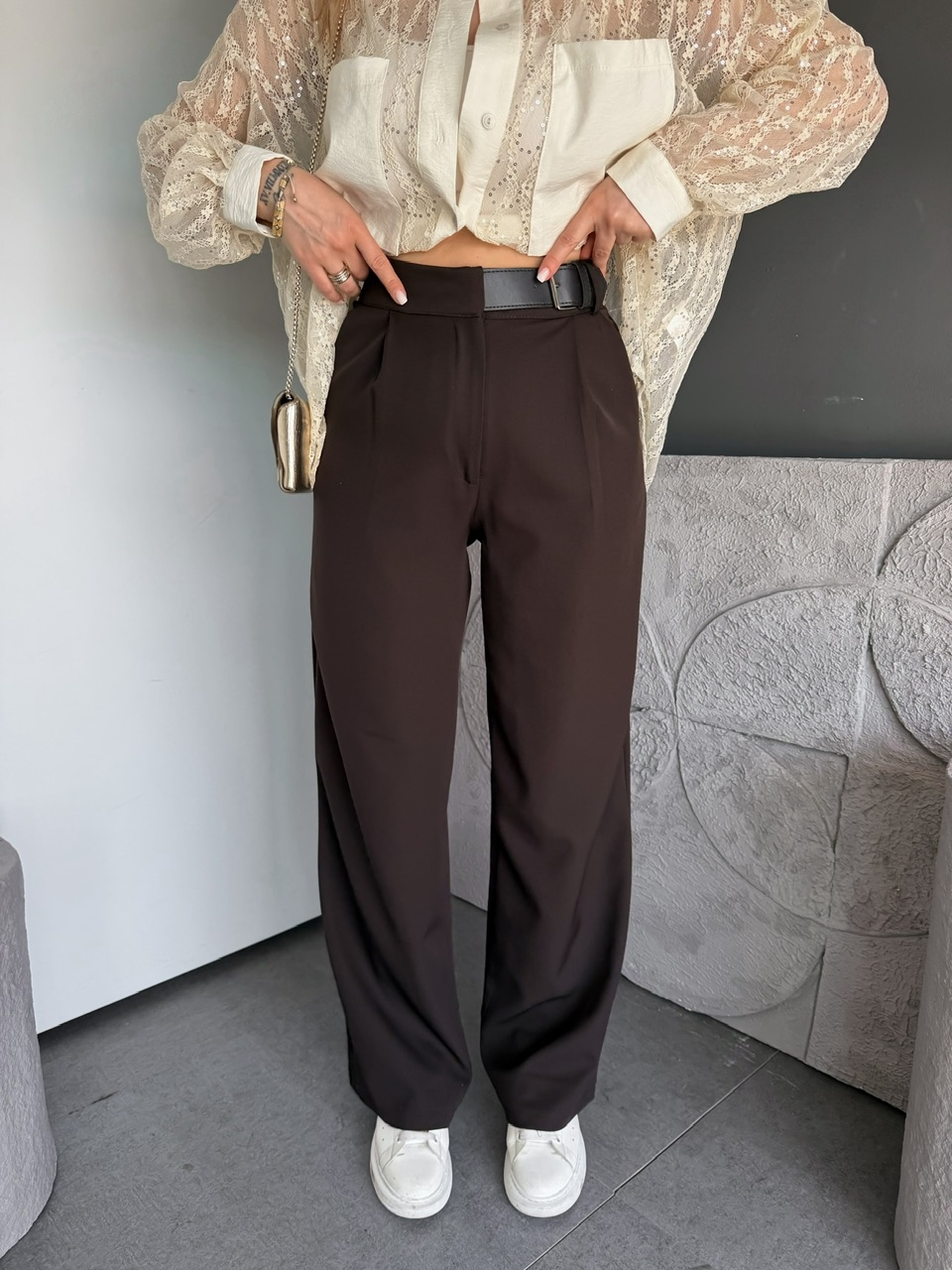 Kahve Beli Kemerli Ayarlanabilir Bol Pantolon