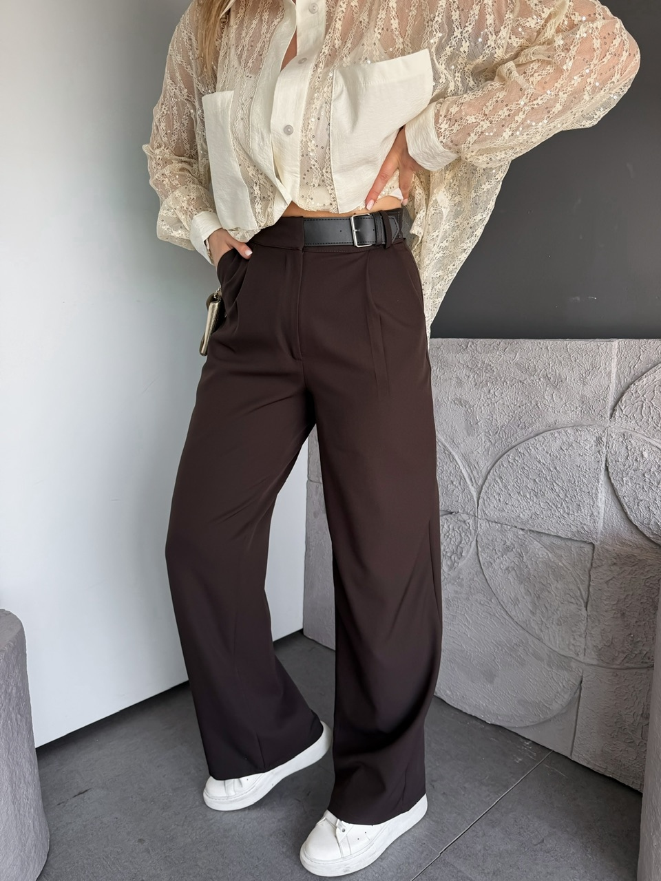 Kahve Beli Kemerli Ayarlanabilir Bol Pantolon