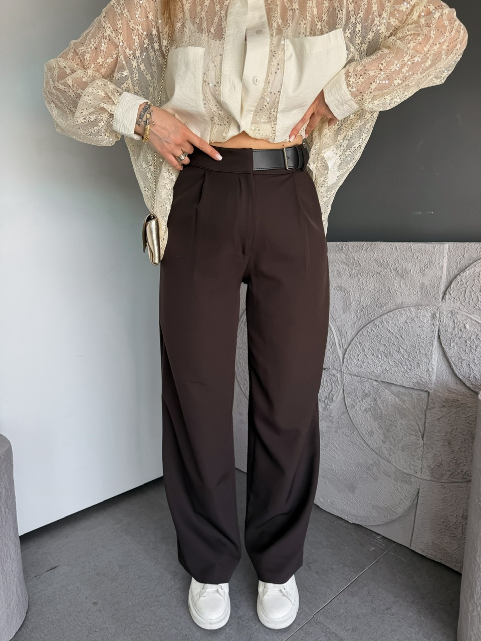 Kahve Beli Kemerli Ayarlanabilir Bol Pantolon