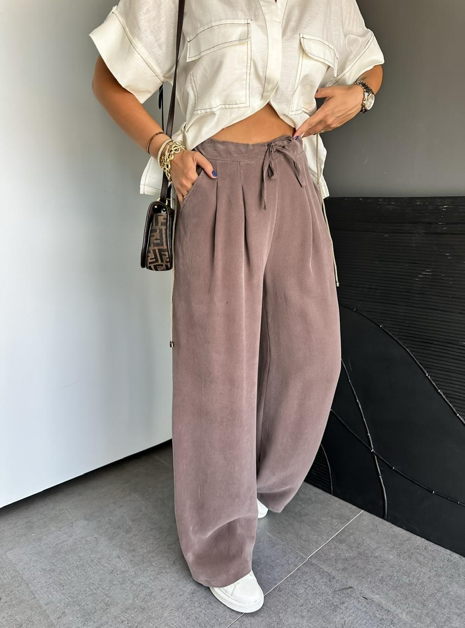 Kahve Beli Lastikli Cepli Soft Pantolon