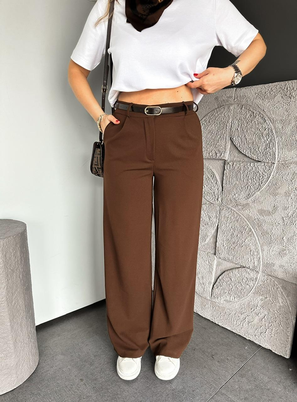 Kahve Beli Lastikli Kemerli Bol Pantolon