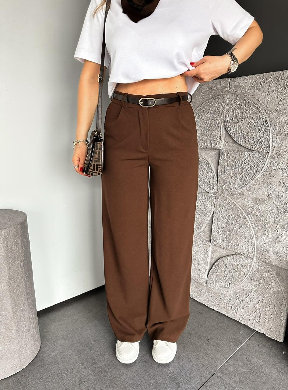 Kahve Beli Lastikli Kemerli Bol Pantolon