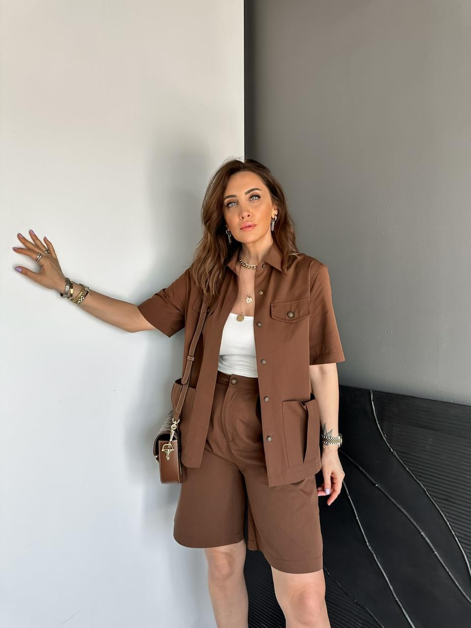 Kahve Bermuda Şortlu Safari Takım