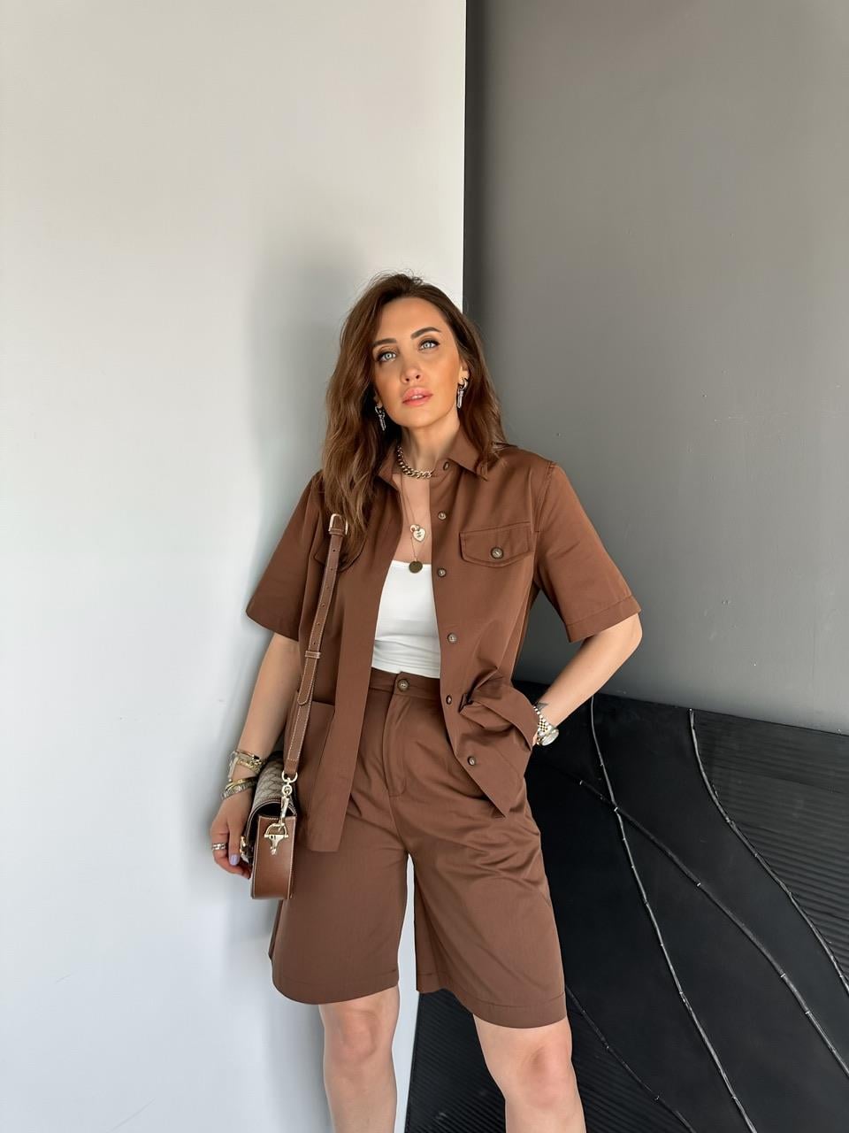 Kahve Bermuda Şortlu Safari Takım