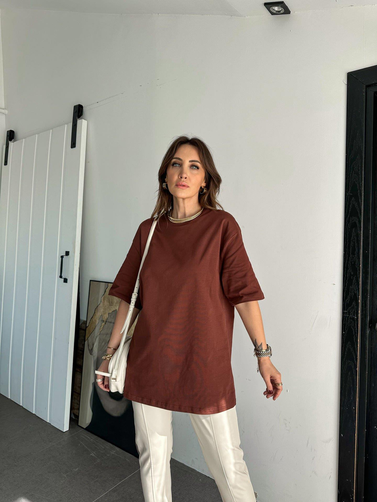 Kahve Bisiklet Yaka Cotton Tshirt