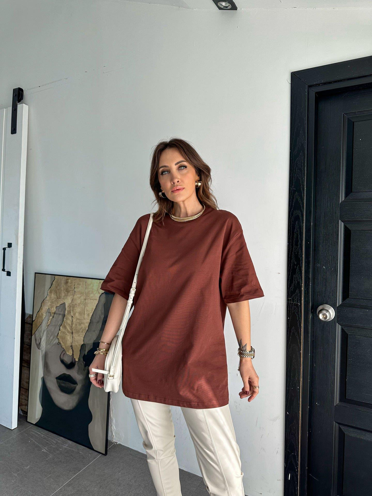 Kahve Bisiklet Yaka Cotton Tshirt