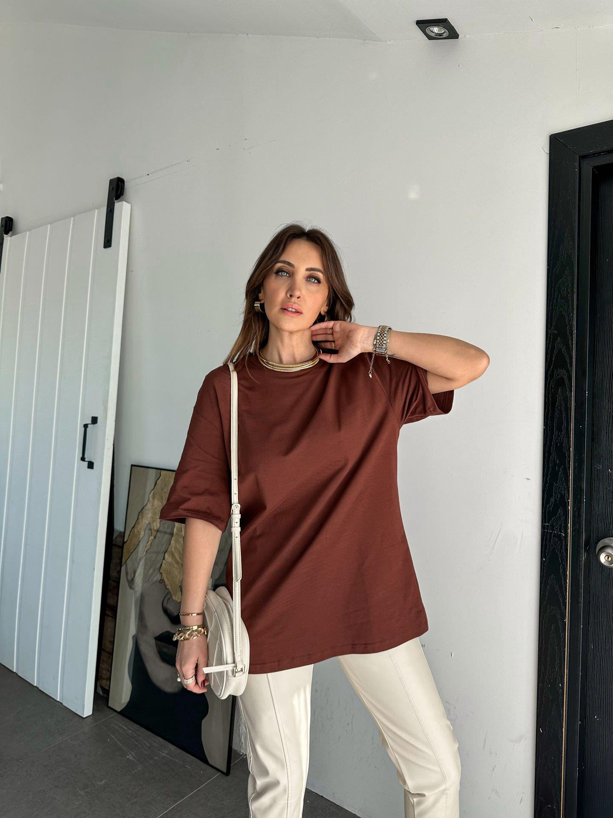 Kahve Bisiklet Yaka Cotton Tshirt