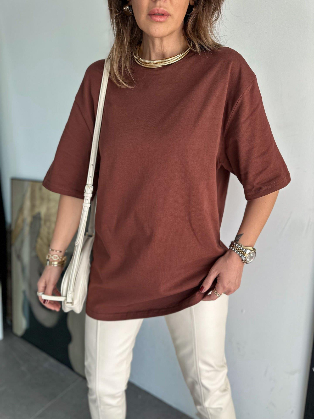 Kahve Bisiklet Yaka Cotton Tshirt