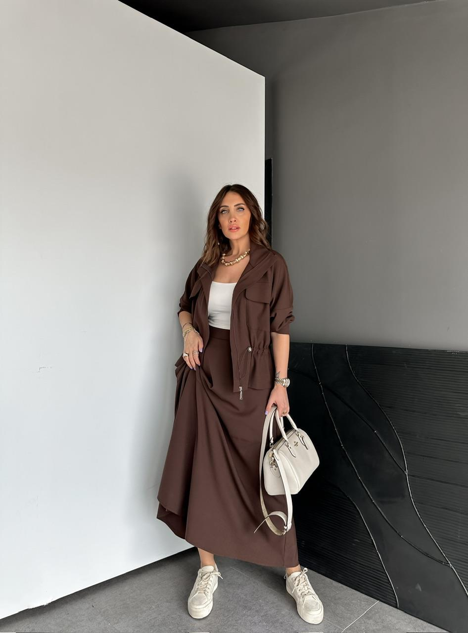 Kahve Büzülebilir Ceket Etek Takım