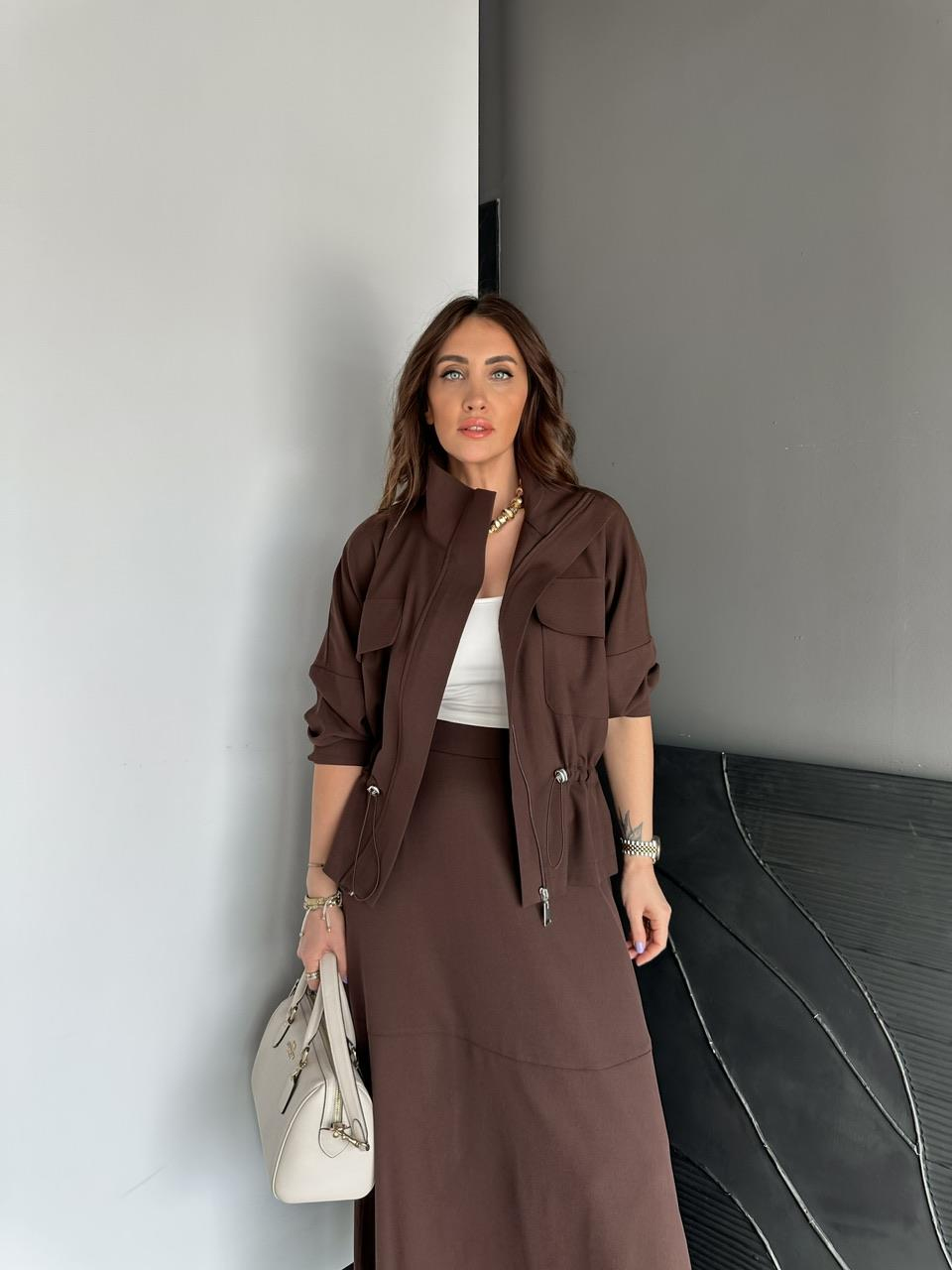 Kahve Büzülebilir Ceket Etek Takım