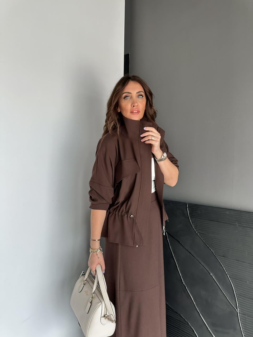 Kahve Büzülebilir Ceket Etek Takım