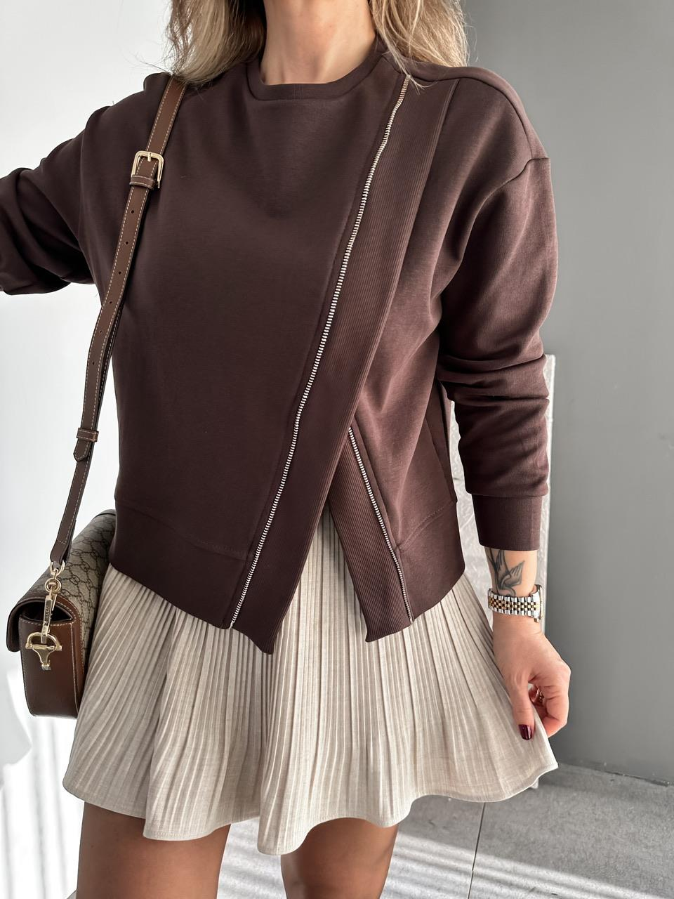 Kahve Çapraz Fermuarlı Tasarım Sweatshirt