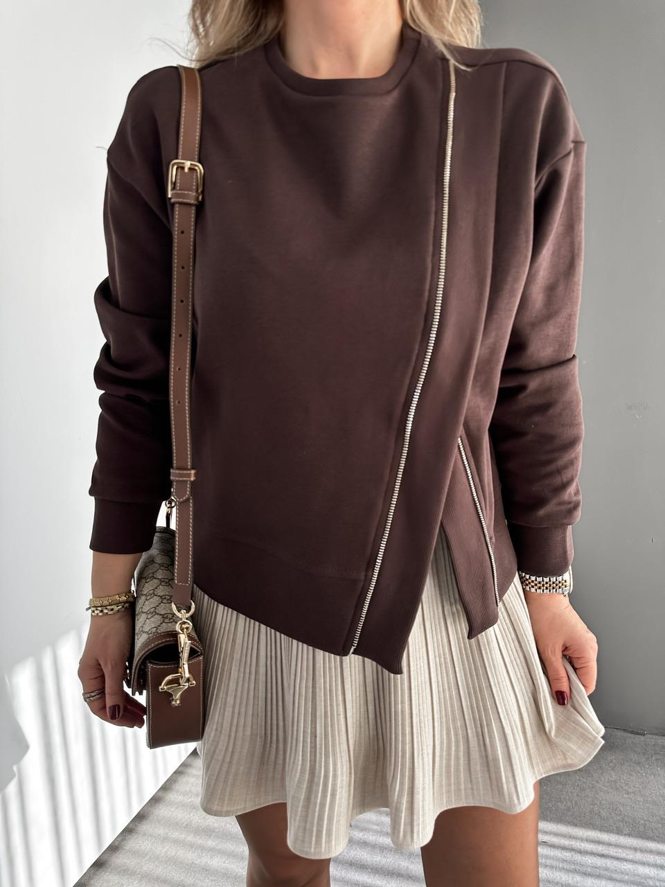 Kahve Çapraz Fermuarlı Tasarım Sweatshirt