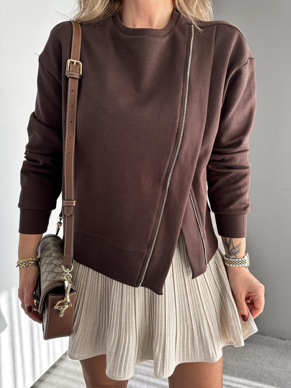 Kahve Çapraz Fermuarlı Tasarım Sweatshirt