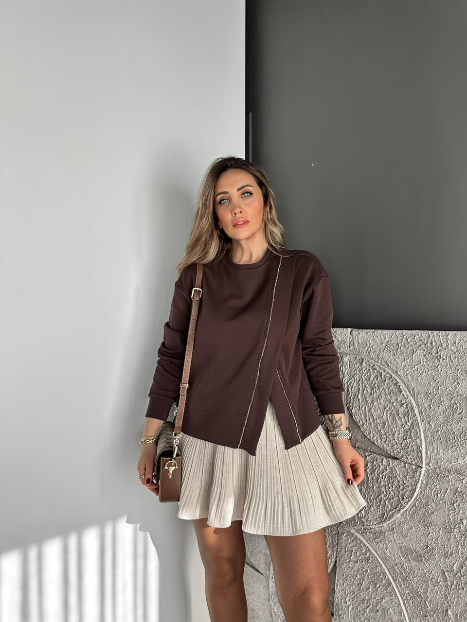 Kahve Çapraz Fermuarlı Tasarım Sweatshirt
