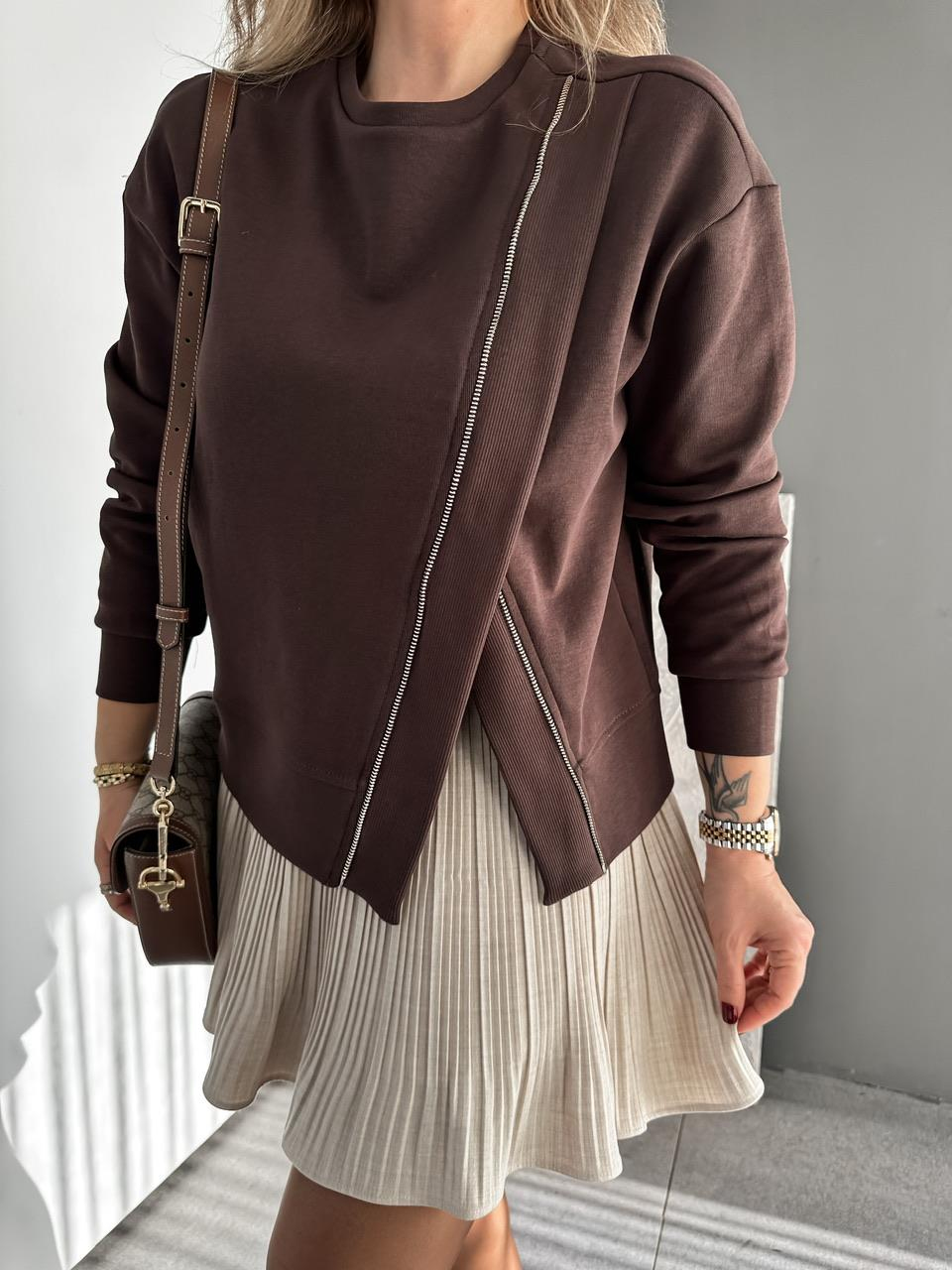 Kahve Çapraz Fermuarlı Tasarım Sweatshirt