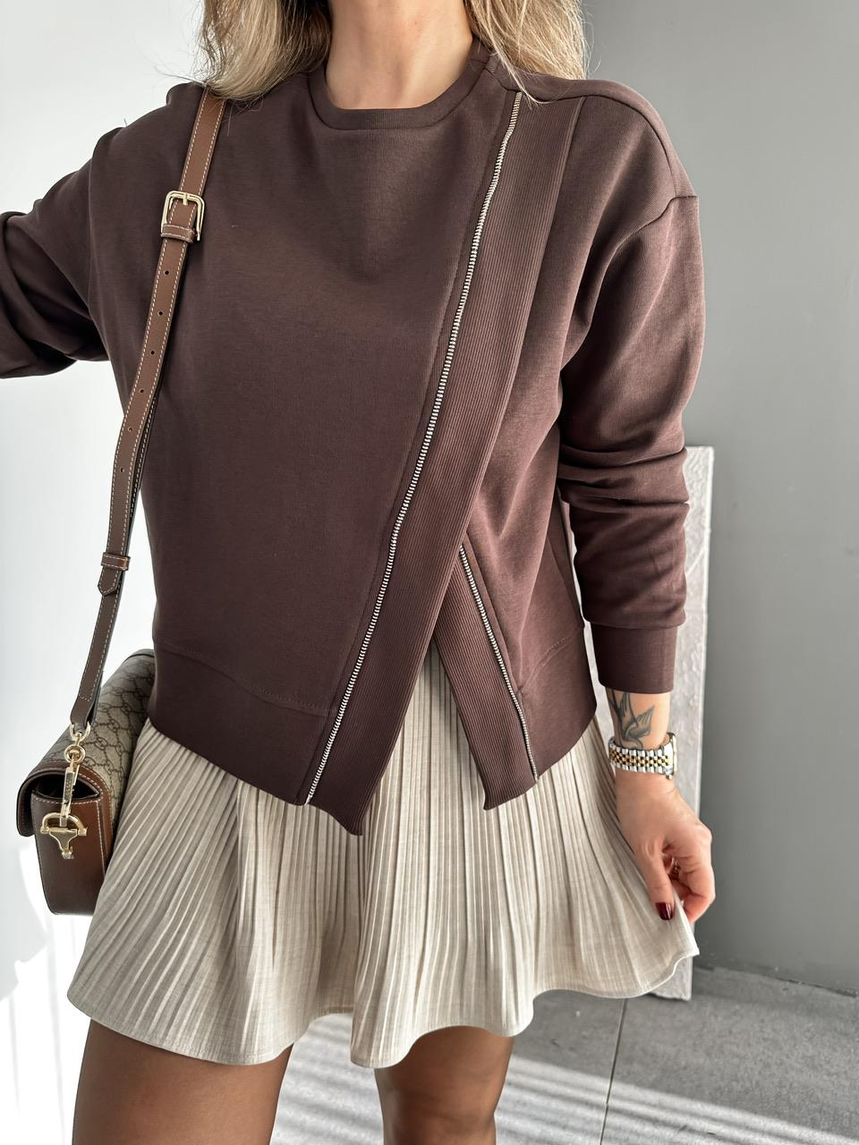 Kahve Çapraz Fermuarlı Tasarım Sweatshirt