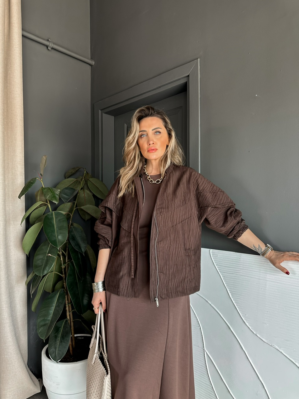 Kahve Ceket Elbise Premium Takım