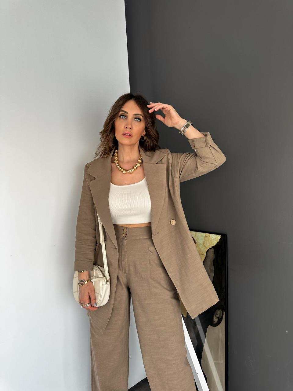 Kahve Ceket Pantolon Keten Şık Takım