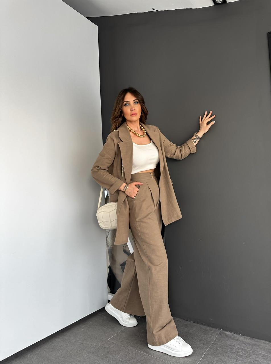 Kahve Ceket Pantolon Keten Şık Takım