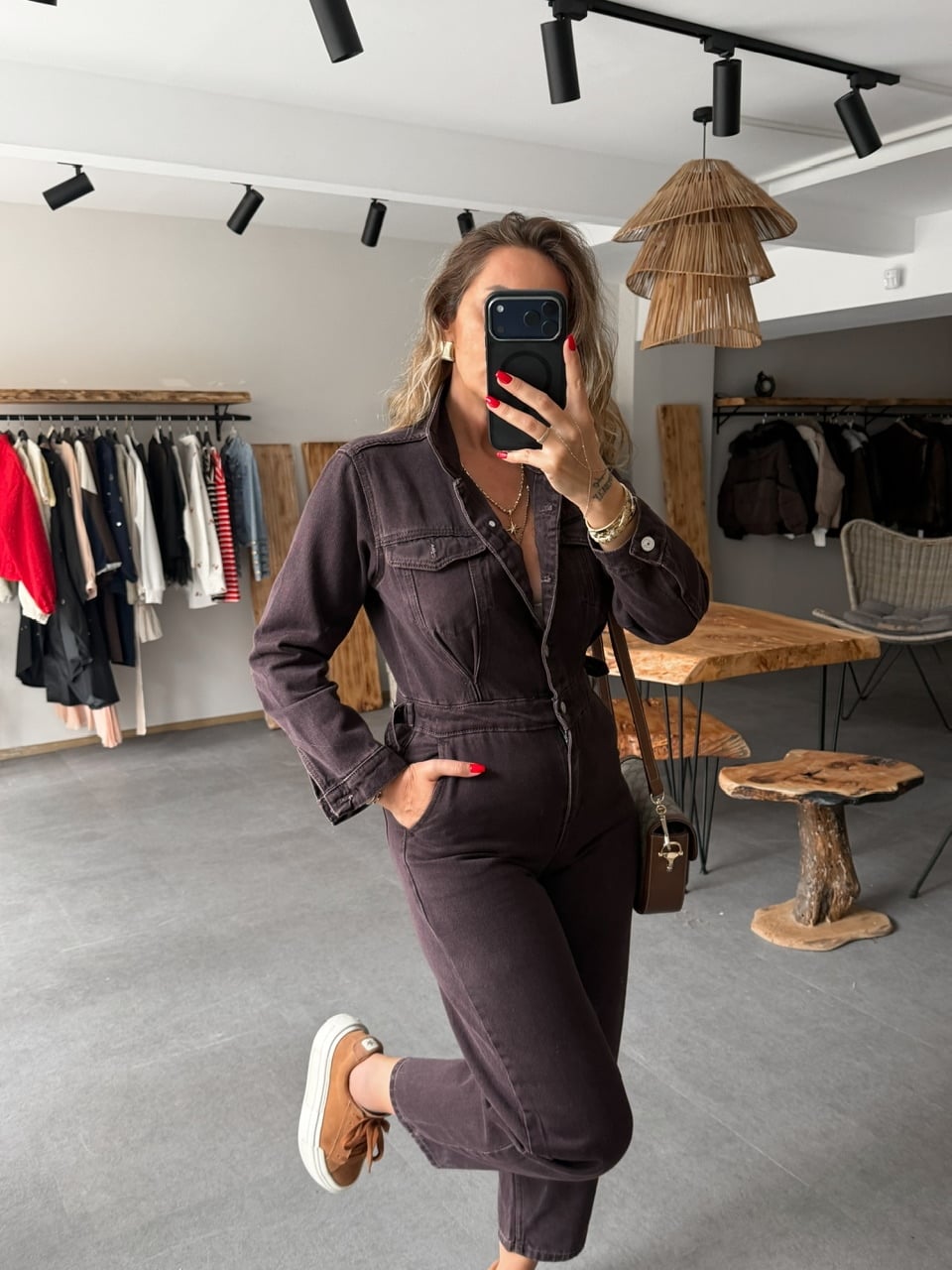 Kahve Cep Detaylı Kot Tulum