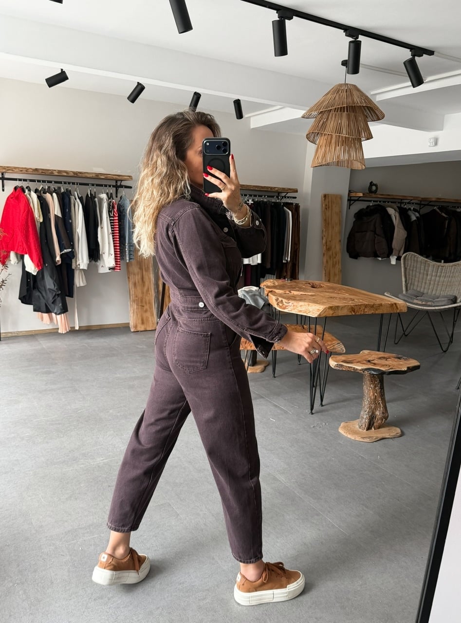 Kahve Cep Detaylı Kot Tulum