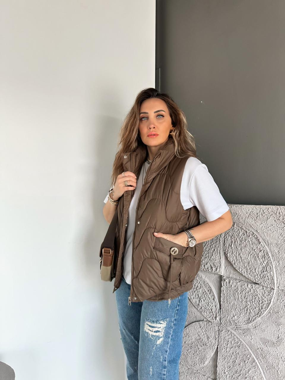 Kahve Cep Detaylı Şişme Yelek