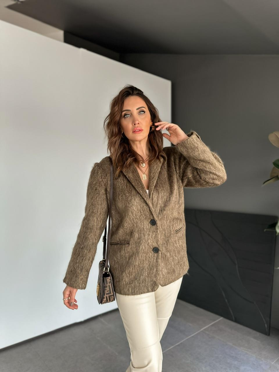 Kahve Cepli Dokulu Blazer Ceket