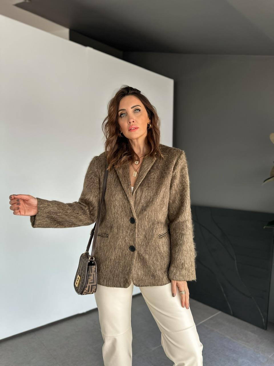 Kahve Cepli Dokulu Blazer Ceket