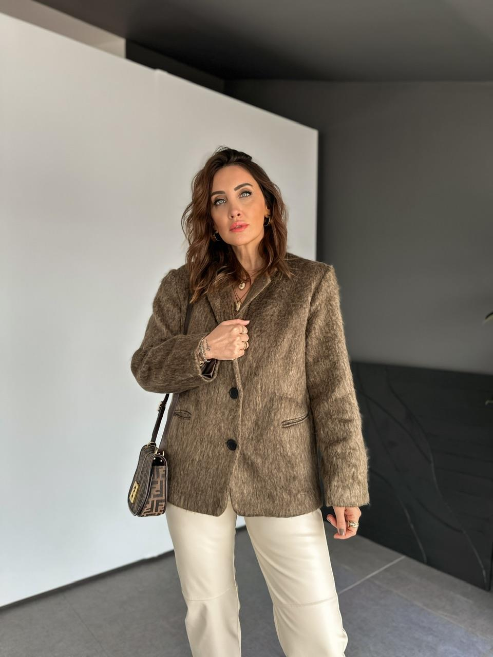 Kahve Cepli Dokulu Blazer Ceket