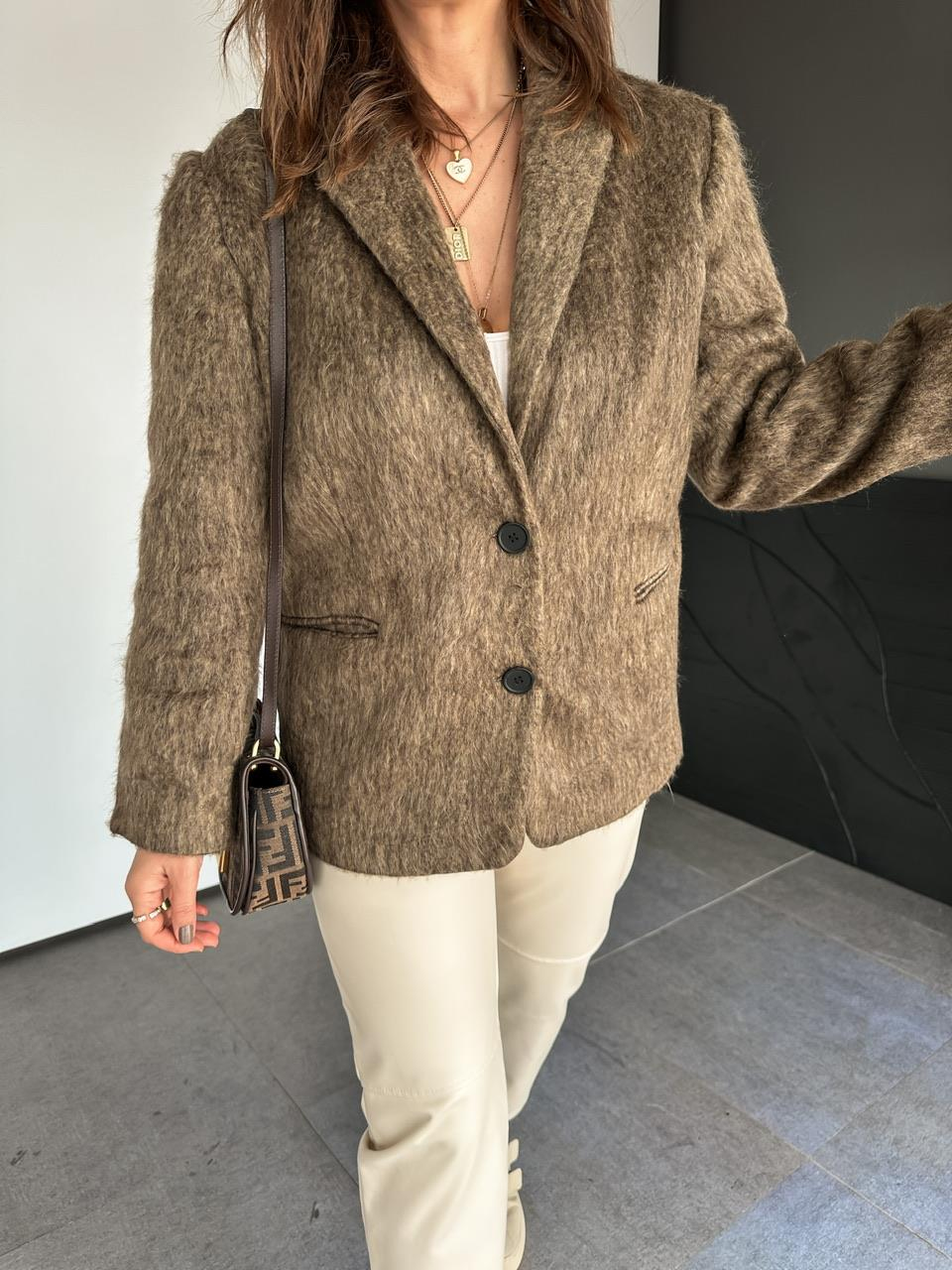 Kahve Cepli Dokulu Blazer Ceket
