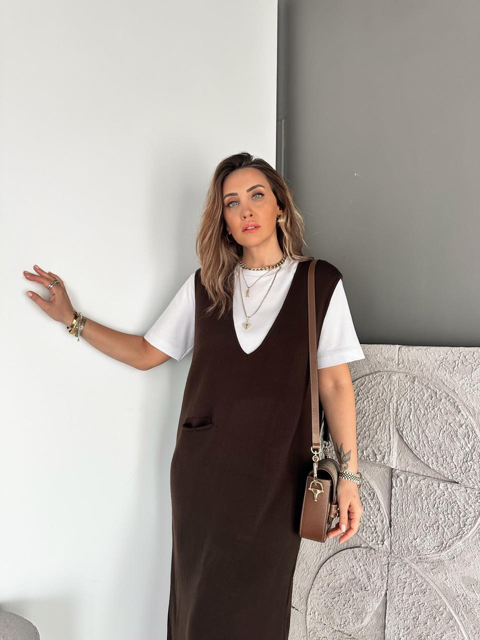 Kahve Cepli Marka Model Triko Elbise