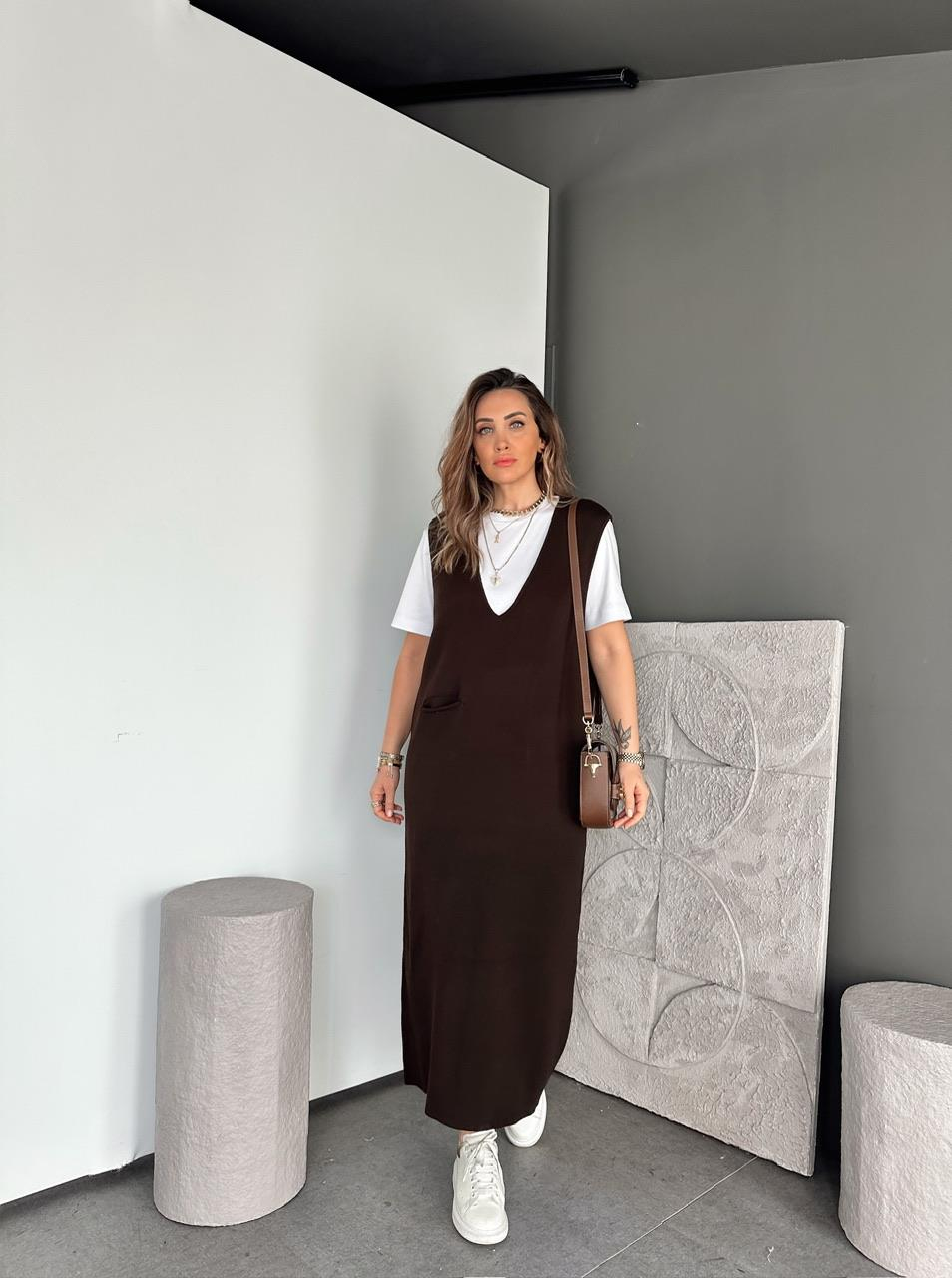 Kahve Cepli Marka Model Triko Elbise