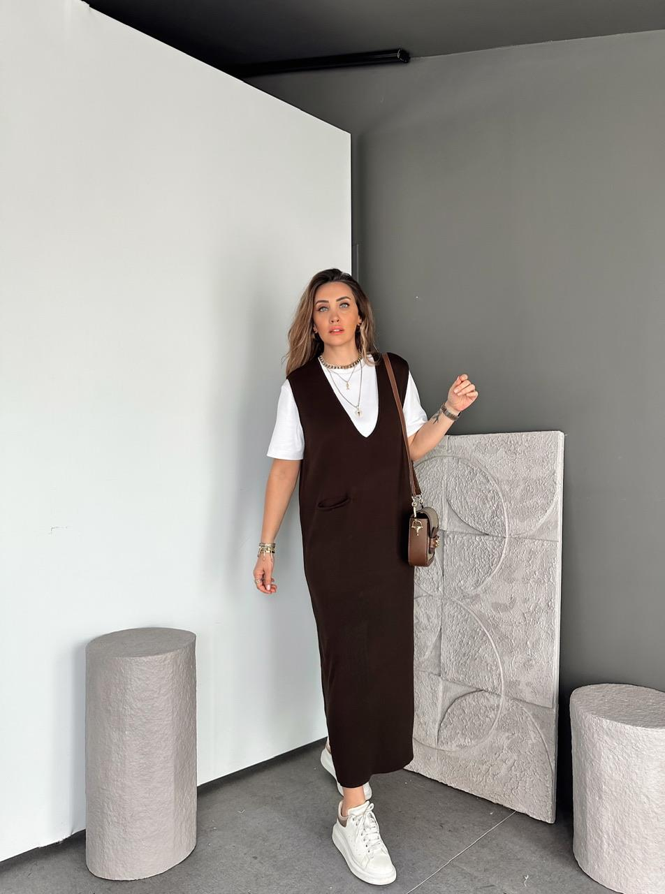 Kahve Cepli Marka Model Triko Elbise