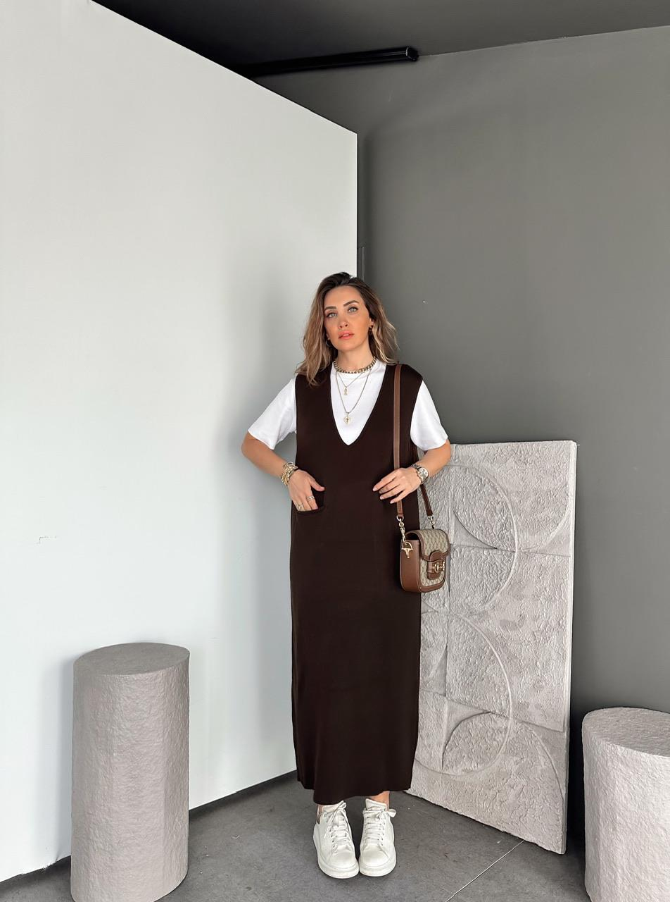 Kahve Cepli Marka Model Triko Elbise