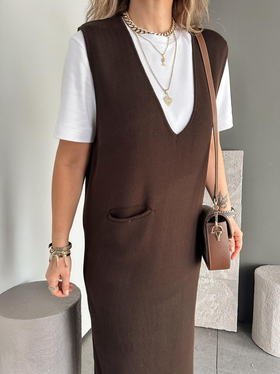 Kahve Cepli Marka Model Triko Elbise