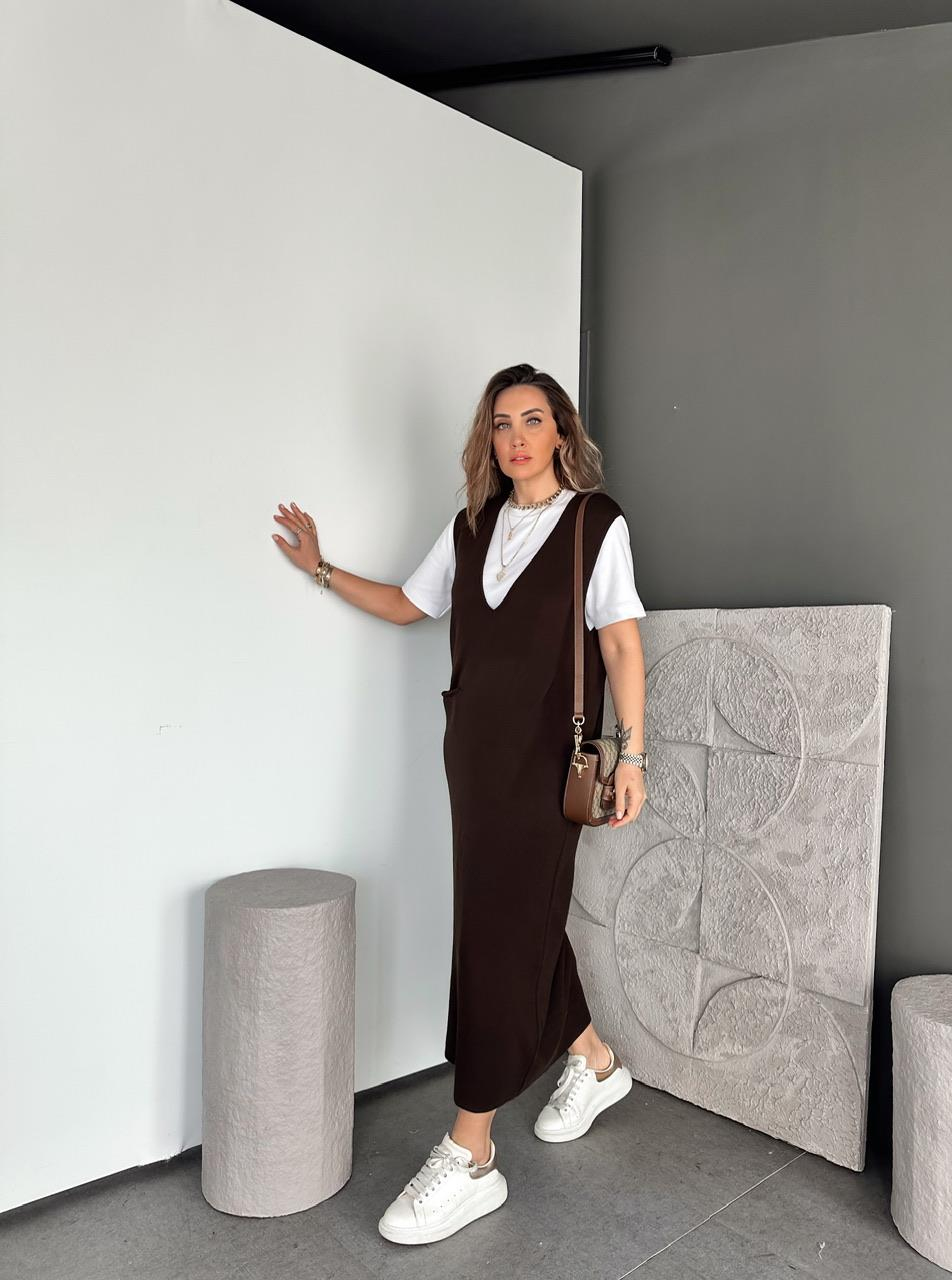 Kahve Cepli Marka Model Triko Elbise