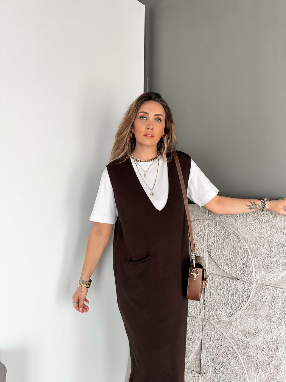 Kahve Cepli Marka Model Triko Elbise