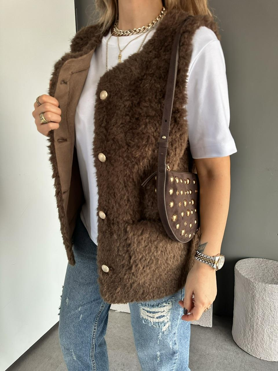 Kahve Cepli Teddy Yelek