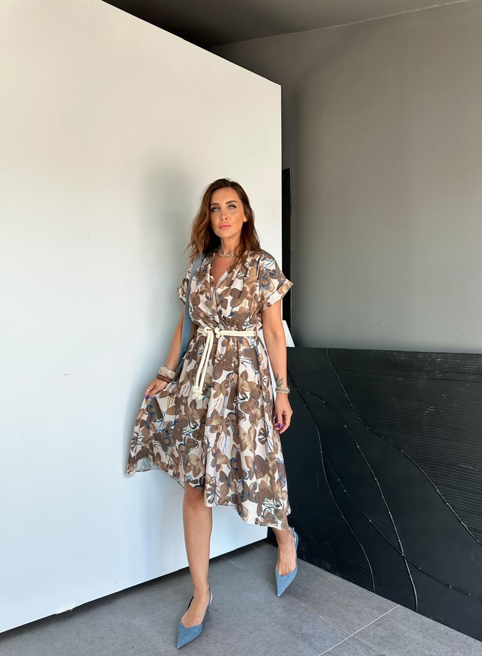 Kahve Çiçekli Halat Kemerli Elbise