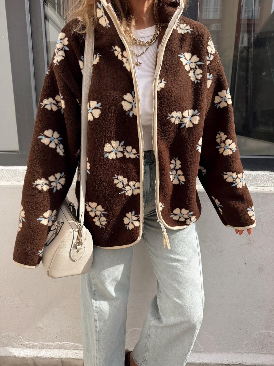 Kahve Çiçekli Teddy Mont