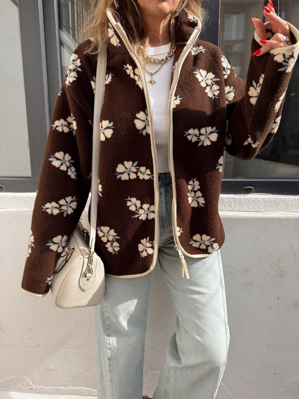 Kahve Çiçekli Teddy Mont