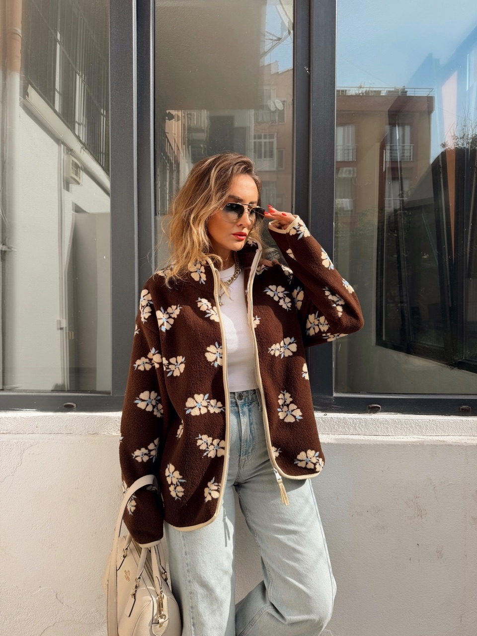 Kahve Çiçekli Teddy Mont